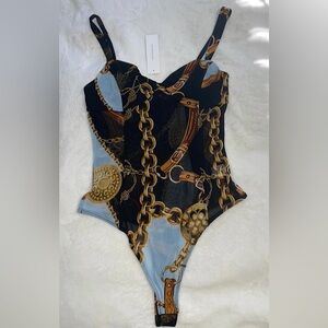 Fashion Nova Mesh (Black, Gold, and Blue) Bodysuit (M)